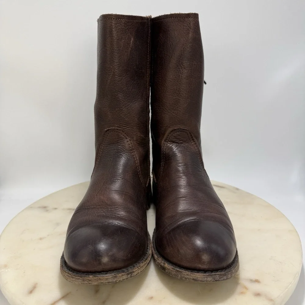 Vintage Shoe Company Leather Back Lace Brown Mid Calf Moto Boots USA Made 6.5M